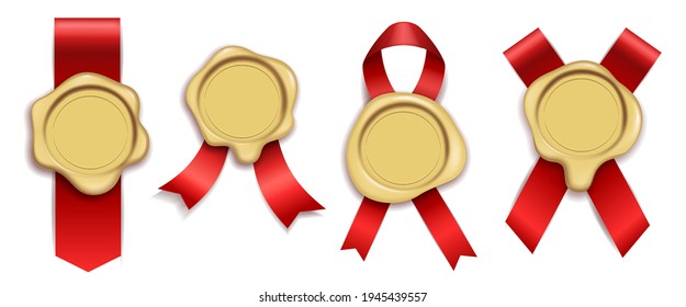 Wax gold. Rubber vintage document envelope seals royal mail, red ribbons with candle waxing stamps. Luxury elements for diploma or certificate, quality assurance vector isolated set