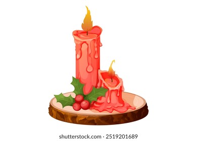 Cera, parafina ou vela de soja no suporte de madeira castiçal vermelho com fogo, chama de férias de inverno luz feriado magia decoração baw e folhas festivas isoladas no fundo branco. 