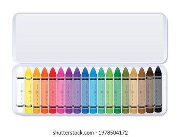 Wax pastel crayons, colorful set in a white metal box sorted by color. Isolated vector illustration on white background.
