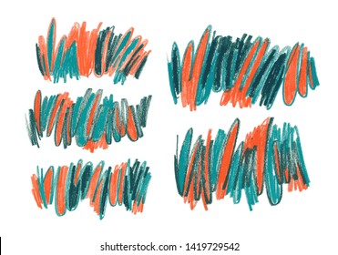 Wax pencil scribble vector illustrations set. Messy childish painting, colorful chalk scrawl pack. Modern art isolated design elements collection. Chaotic green and orange crayon doodle