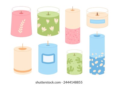 Wax pillar candles set. Handmade craft aromatic candlelight isolated in white background. Hygge and staycation time. Aromatherapy and relaxation home decor. Vector handdrawn illustration.