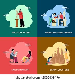Wax and sand sculpture, porcelain paintings, live portrait art flat vector collection design