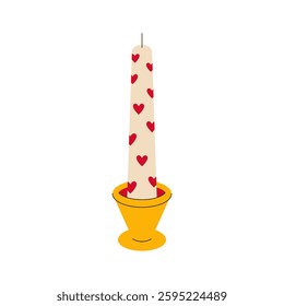 Wax scented candle with hearts. Cartoon soy aroma candle with fire wick. Aromatherapy cozy relax decoration, modern candlelight fragrance decor. Vector illustration