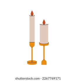 Wax scented candles. Cartoon soy aroma with fire wick in golden candlesticks, spa interior decor. Vector flat illustration