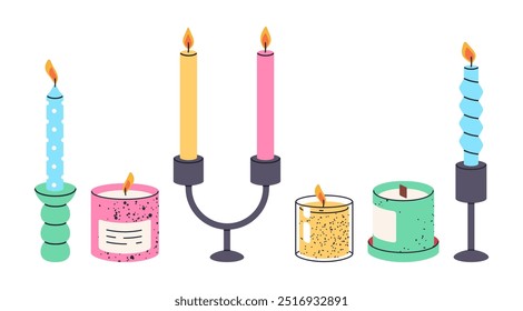 Velas perfumadas com cera. Velas coloridas bonitas em castiçal, velas de queima cônicas conjunto de ilustração vetor plano. Velas de conicidade de aroma em branco