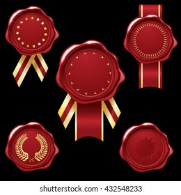 Wax seal collection with red and gold ribbons and embellishments