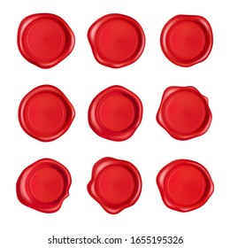 Wax seal collection. Red stamp wax seal set isolated on white background. Realistic guaranteed red stamps. Realistic 3d vector