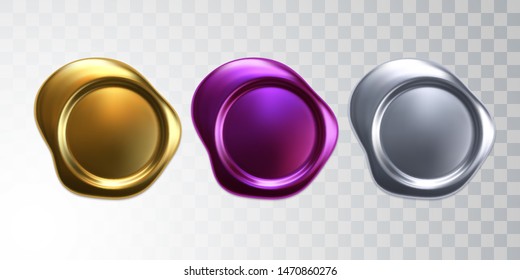 Wax seal collection. Vector 3d illustration. Realistic guaranteed stamps. Premium quality certificate badge. Warranty concept. Golden, silver and purple waxing shapes. Confidential sign.