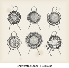 Wax seal drawing -six objects -vector