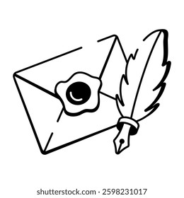 Wax seal envelope with a feather pen, doodle style icon 