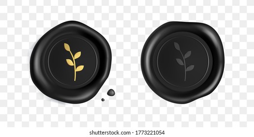 Wax seal with gold branch. Black stamp wax seal with golden branch silhouette isolated on white background. Black stamp for a gift certificate, a wedding invitation card. Realistic 3d vector icon