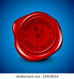 Wax seal for Happy Easter with bunny on blue background.