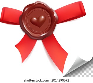 Wax seal with a heart and a red ribbon. Wax stamps isolated on a white background. For letters, parcels and documents. 3d style.
