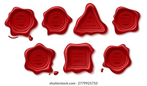 Wax seal impressions. Realistic embossed red stamps. Vintage certificates and warranty labels of various shapes featuring text based emblems. Postal imprint. Premium quality post badges vector set