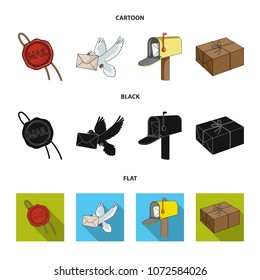 Wax seal, postal pigeon with envelope, mail box and parcel.Mail and postman set collection icons in cartoon,black,flat style vector symbol stock illustration web.