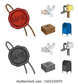 Wax seal, postal pigeon with envelope, mail box and parcel.Mail and postman set collection icons in cartoon,monochrome style vector symbol stock illustration web.