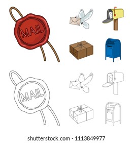 Wax seal, postal pigeon with envelope, mail box and parcel.Mail and postman set collection icons in cartoon,outline style vector symbol stock illustration web.