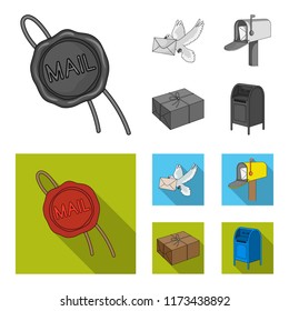 Wax seal, postal pigeon with envelope, mail box and parcel.Mail and postman set collection icons in monochrome,flat style vector symbol stock illustration web.