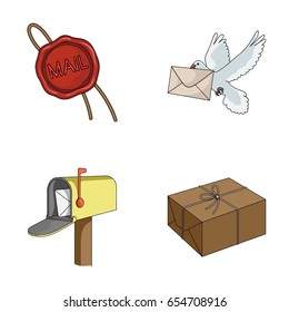 Wax seal, postal pigeon with envelope, mail box and parcel.Mail and postman set collection icons in cartoon style vector symbol stock illustration web.