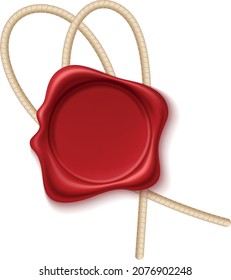 Wax seal with rope. Red round rubber stamp in realistic style