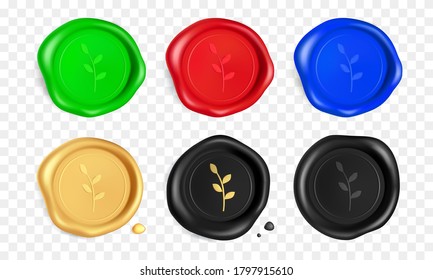 Wax seal set with branch. Green, red, blue, gold, black wax seal stamps with branch isolated on white background. Realistic guaranteed stamp. Realistic 3d vector illustration