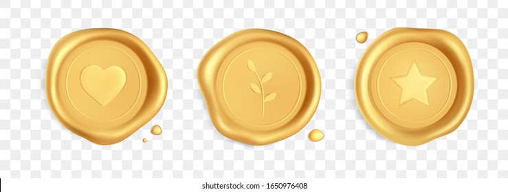 Wax seal set. Gold stamp wax seal with heart, branch and star silhouette with isolated on transparent background. Golden stamps for a gift certificate, a postcard, a wedding in