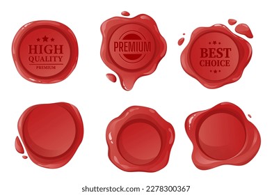 Conjunto de elementos gráficos de sellado de cera en diseño plano. Conjunto de sellos decorativos de formas redondas rojas con espacio o inscripciones vacíos, sellos de sellado postal y postal. Ilustración vectorial de objetos aislados
