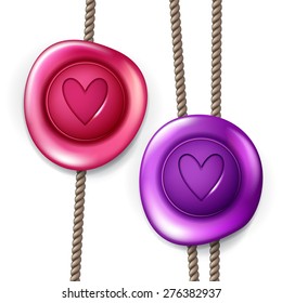 Wax seal set with ropes, vector isolated design element with heart sign