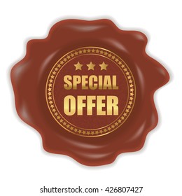 Wax seal with the sign of special offer. Stamp. Gold text. Vector illustration.