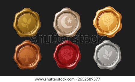 Wax Seal Stamp 3d Isolated Metallic Ancient Background Vintage Old Letter Message Certificate Tag Sign Set