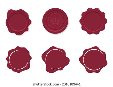 Wax seal stamp in red color. Set of isolated stamps for certificate and document, letter, envelope. Retro and old seal wax stamps. Protection and certification, guarantee and quality mark