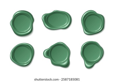 Wax seal stamps collection in emerald green color with glossy surface and unique irregular shapes. Vintage elements with smooth edges and realistic shadows for certificates, letters or branding.
