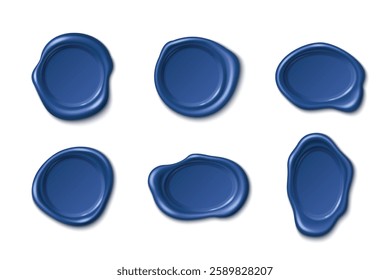 Wax seal stamps collection in emerald blue color with glossy surface and unique irregular shapes. Vintage elements with smooth edges and realistic shadows for certificates, letters or branding.