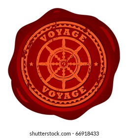 Wax seal with steering wheel and the text Voyage written inside the stamp, vector illustration