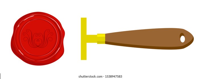 Wax seal vector icon. Decorative postage stamp with the image of candles isolated on white, postal wax or objects for achievements and certificates. Red wax seal and stamp.