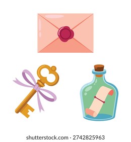 Wax sealed envelope with ribboned key and bottle, valentines proposal night graphic, secret love letters session, keepsake craft station