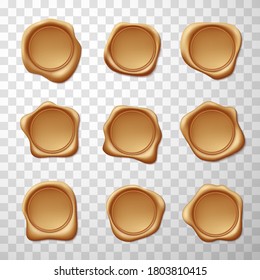 Wax seals in bronze color samples, templates set. Copy space. Round empty postal stamps with different edges blanks. Beeswax circles for envelops. Vector collection isolated on transparent background.