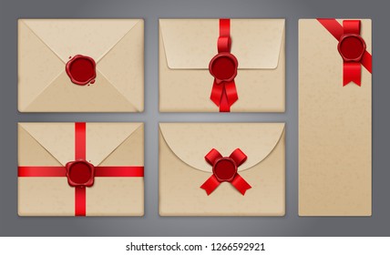 Wax seals envelopes and postcards set with realistic isolated images of greeting cards and paper invitations vector illustration