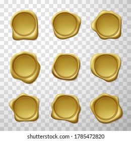 Wax seals gold plated realistic set. Postal stamps round yellow variety. Decoration, confidentiality, secrecy element. Insignia for envelop, parchment. Vector wax seals isolated on transparent.