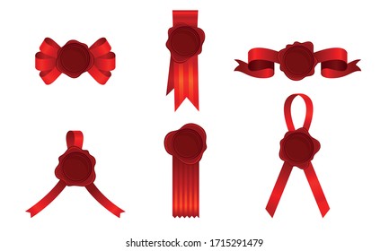 Wax Seals with Red Ribbon Tied in Many Ways Vector Set