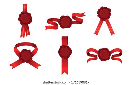 Wax Seals with Red Ribbon Tied in Many Ways Vector Set