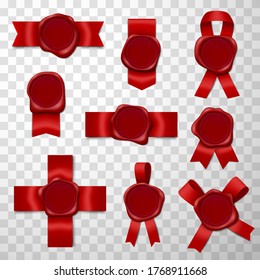 Wax seals with red ribbons in different shapes, styles realistic set. Loop, bow, rosette, cross for envelope design. Decoration elements for letters, parcels. Vector wax seals isolated on transparent