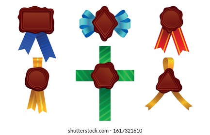 Wax Seals with Ribbon Vector Set. Red Sign for Document Sealing Concept