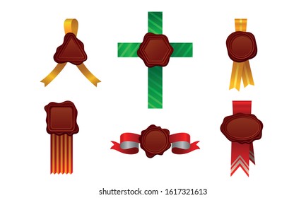 Wax Seals with Ribbon Vector Set. Red Sign for Document Sealing Concept