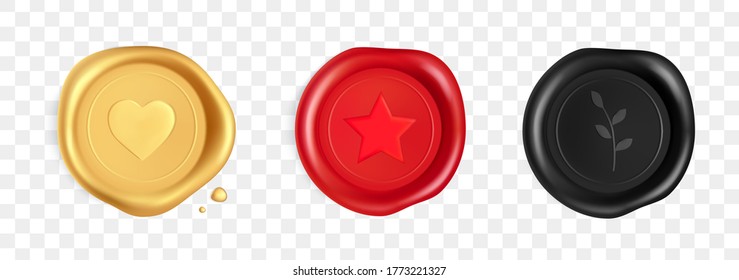 Wax seals set with heart, branch and star isolated on transparent background. Certificate royal black stamps for a postcard, a wedding invitation card. Realistic 3d vector