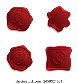 Wax stamp icons set cartoon vector. Old realistic red seal. Waxy emboss for envelope and document