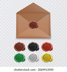 Wax stamp Old embossed envelope label, round royal medieval mockup cartoon shapes, candle wax seals Vector format