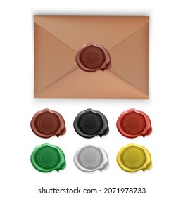 Wax stamp Old embossed envelope label, round royal medieval mockup cartoon shapes, candle wax seals Vector format