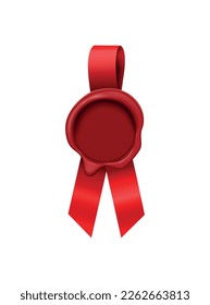 Wax stamp ribbons composition with realistic image of vintage stamp with red ribbon vector illustration