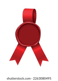 Wax stamp ribbons composition with realistic image of vintage stamp with red ribbon vector illustration